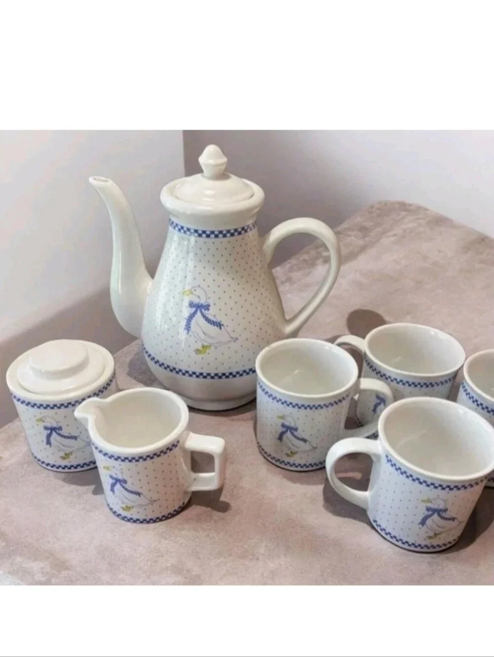 Vintage Blue Country Goose Tea Coffee Pitcher Mug Creamer Set Duck Cottagecore